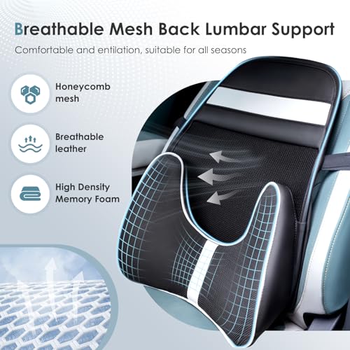 Image of FLORICH Memory Foam Double Layer Breathable Mesh Lumbar Support Ergonomic Leather Lumbar Support Pillow with 3D Mesh Back Support and Adjustable Strap for CarSeat & Office Chair(Leather Black)