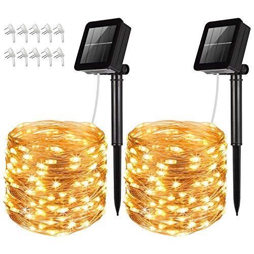 Lyeiaa ソーラーイルミネーションライト LED ストリングライト ワイヤーライト 屋外電飾 フェアリーライト 【120球 12M 8点灯モード 電球間隔10cm IP65 夜間自動点灯】 クリスマス・ツリー/パーティー/庭/ベッドルーム/アウトドア/結婚式/庭対応 （電球色・2点セット)