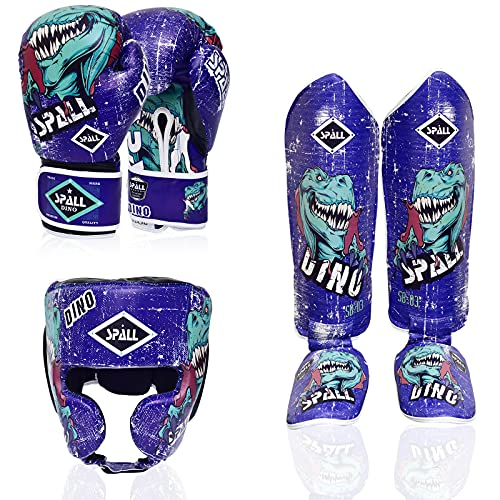 Spall Pro US Boxing Acessories - MMA Head Gear, Shin Instep Guards, Boxing Gloves (Set of 3) (Blue, Small)