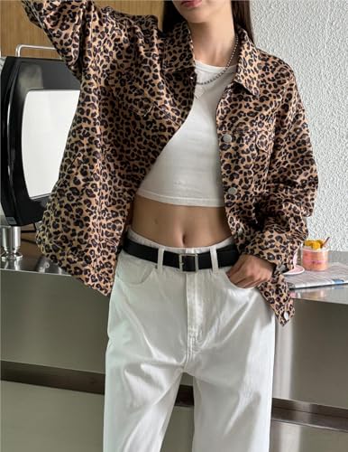 MakeMeChic Women's Leopard Print Denim Jacket Button Down Long Sleeve Oversized Shacket Jackets Outerwear4
