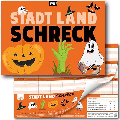 Spielefabrik Stadt Land Fluss SCHRECK Lustiges Familienspiel Halloween Quiz Der Spielblock A4 mit 24 Grusel-Kategorien als Halloweengeschenke für Kinder, Teenager und Erwachsene | 50 Blatt