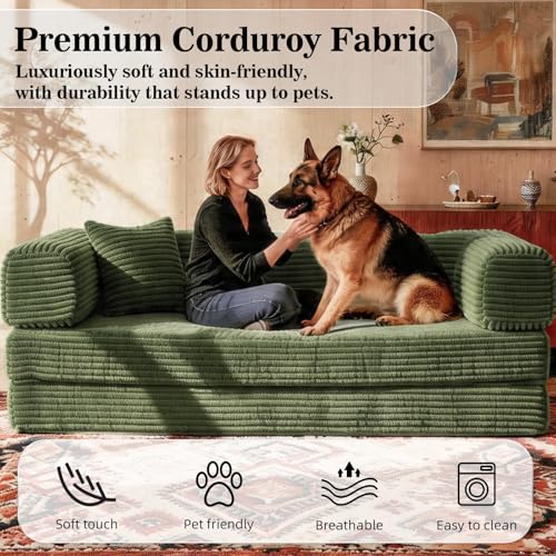 Image of AUGOP Boneless Couch Folding Couches for Living Room Sofa, Futon Sofa Bed with Sleeper Sofa, Futon Couch with Fixed-Shape Oversized Corduroy Upholstered (Green, 81 Inches)