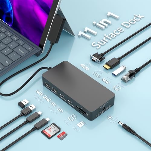 Upgraded 11 in 1 MS Surface Dock, Station d'accueil Surface Pro Triple Display MS sur-Face Hub Adapter pour Surface Pro 9/8/X/7/6/5/4/3,Surface Book...