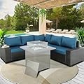 Furnimy Outdoor Furniture Patio Furniture Sets Conversation Sets Sectional Sofa Couch Wicker Rattan Balcony Furniture for Lawn,Garden,Porch and Poolside (Expresso-Peacock Blue, 5 pcs Without Table)