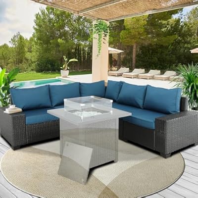 Furnimy Outdoor Furniture Patio Furniture Sets Conversation Sets Sectional Sofa Couch Wicker Rattan Balcony Furniture for Lawn,Garden,Porch and Poolside (Expresso-Peacock Blue, 5 pcs Without Table)