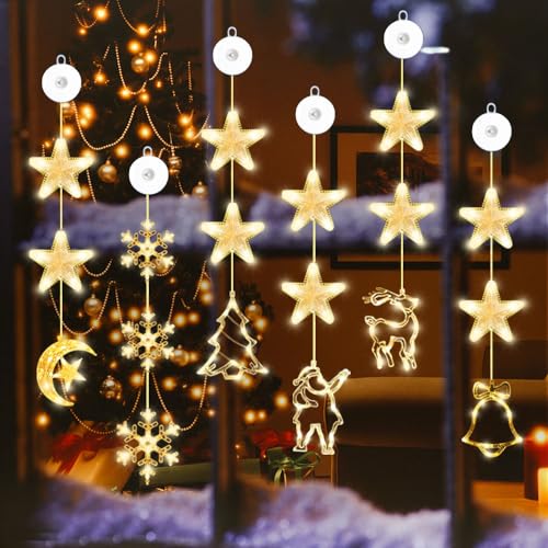 Anyingkai 6 Pezzi Luci di Natale a LED a Sospensione - Lampada a Ventosa per Finestra, Decorazioni per Finestre, Luci Decorative Natalizie a Batteria