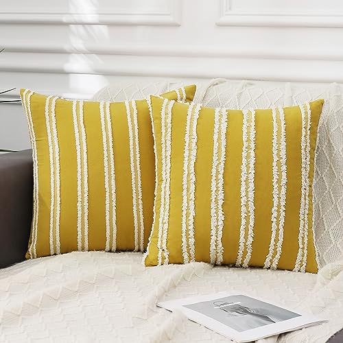 Pallene Boho Decorative Throw Pillow Covers, Neutral Striped Pillow Covers 26X26 Set Of 2, Mustard Yellow Cotton Linen Pillow Covers For Couch Sofa Living Room. #TOP5