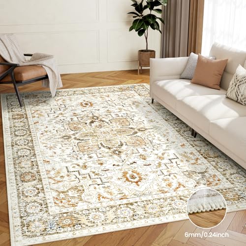 AMADA HOMEFURNISHING 5x7 Washable Area Rug, Low-Profile Living Room Rug with Non-Slip Backing & Durable Edge Binding, Area Rugs 5x7, Vintage Rugs for Living Room, Bedroom, Dinning Room