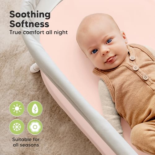 Image of 2-pk Waterproof Bassinet Sheets Girls, Boys, Cotton - 33x17 Universal Bassinet Mattress Pad Protector Cover, Compatible with Graco, Baby Delight, Chicco, Halo Bassinest Swivel Sleeper Fitted (Cameo)