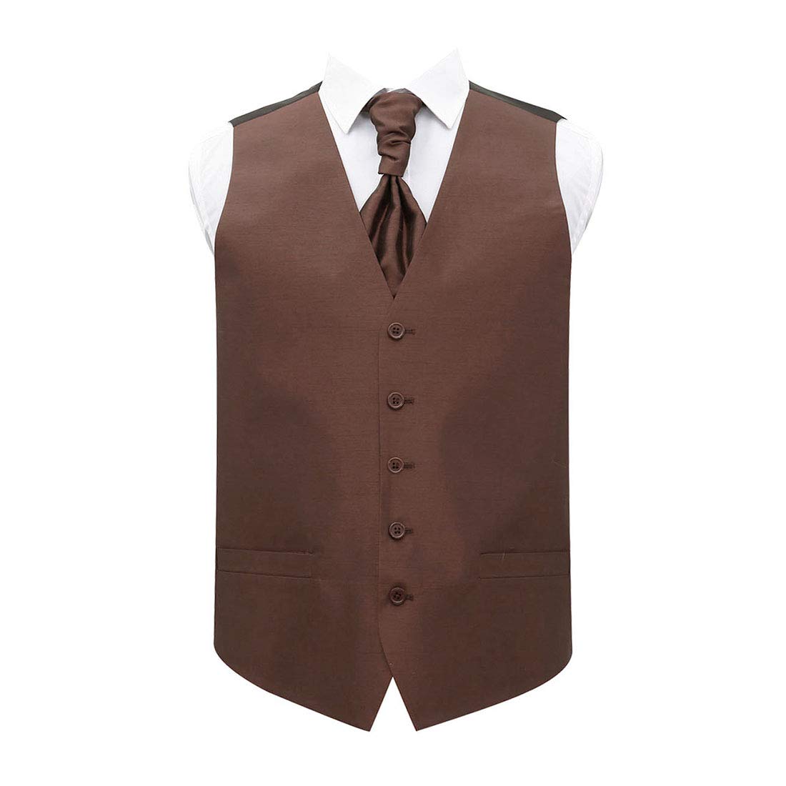 Dqt Men's Chocolate Brown Plain Shantung Waistcoat & Cravat Set (2Pc) - Wedding, Business & Formal - 42" (Xl)