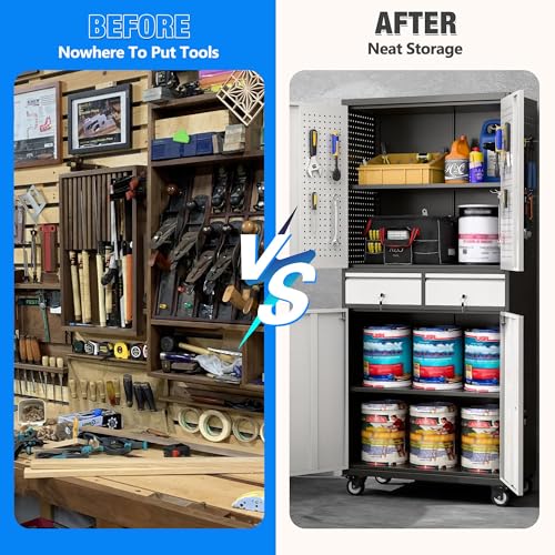 Image of Aobabo 71 inch H 2 Drawer Metal Storage Cabinet with Wheels and 4 Pegboards,Lockable Steel Garage Storage Cabinet with 2 Adjustable Shelves,Black Sliver,Assembly Required
