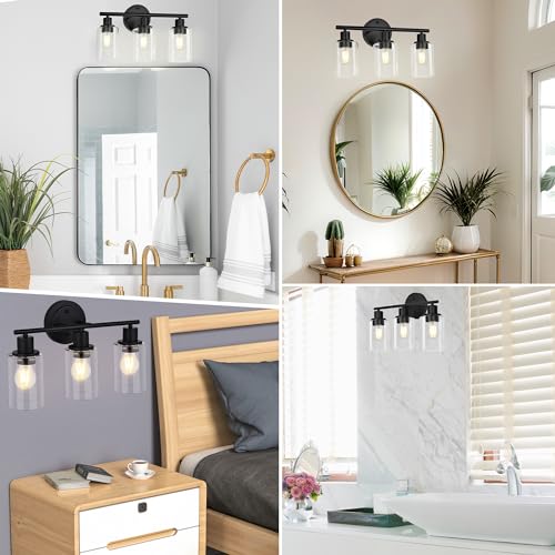 Image of 3-Light Black Bathroom Light Fixture Over Mirror, 3-Light Bathroom Vanity Light Over Sink, Black 3 Bulb Wall Light for Mirror