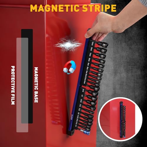 Image of 22-Piece Magnetic Nut Driver Set, Metric & SAE (5-13mm & 1 /4 inch-9 /16 inch), 65mm Long, 1 /4 inch Hex Shank Drill Socket Set, Wing Nut-Driver Bit, Quick-change Extension, Magnetic Aluminum Storage Rail