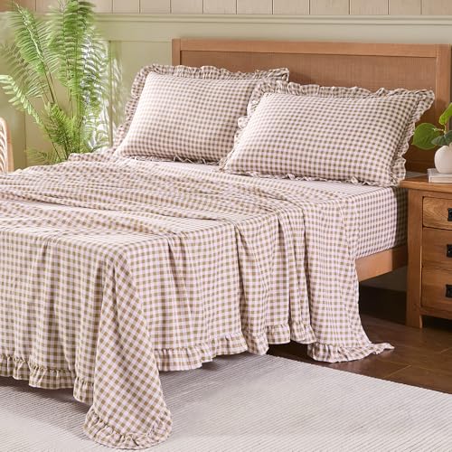 kisswish Gingham Full Sheet Set Lightweight Super Soft Brushed Microfiber Plaid Bed Sheets with 16 Deep Pocket 4 Piece Ruffle Farmhouse Bedroom Decor Taupe