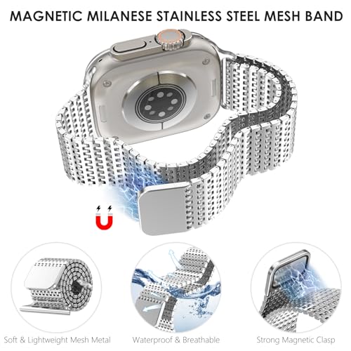 Image of WINGLE Magnetic Mesh Loop for Apple Watch Band Ultra 3 /2 /1 Band 49mm 46mm 45mm 44mm 42mm 40mm 41mm 38mm Men Women, Stainless Steel Adjustable Metal Strap for iWatch Series 11 10 9 8 7 6 5 4 3 2 1 SE