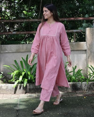 Image of GoSriKi Women's Vertikal Solid A-Line Kurta with Pant | Ethnic Kurta Set for Women | Viscose Blend Casual Office Wear Kurta Pant Set | Festive Traditional Outfit for Daily & Party