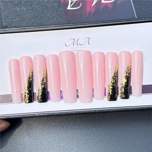 MNAFAYY 100% Handmade Nails Pink Extra Long Press On Nails Full Cover Luxury Gorgeous Reusable UV Finished Fake False Nails Acrylic Nail Kit With Box Gifts for Women Mother’s Day M