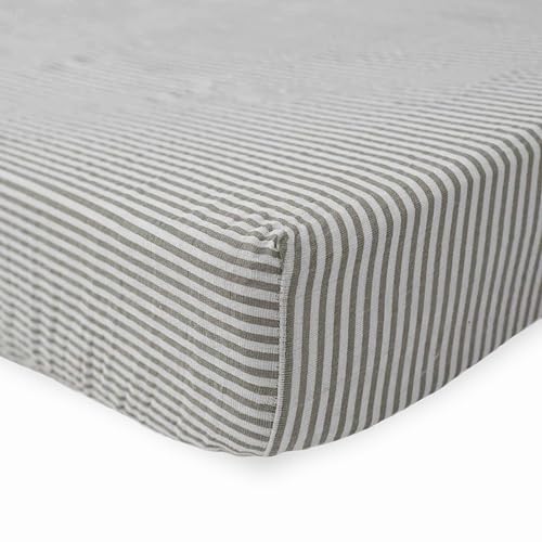 Image of Little Unicorn Premium Crib Sheet | Breathable & Super-Soft Muslin Fabric (Grey Stripe)
