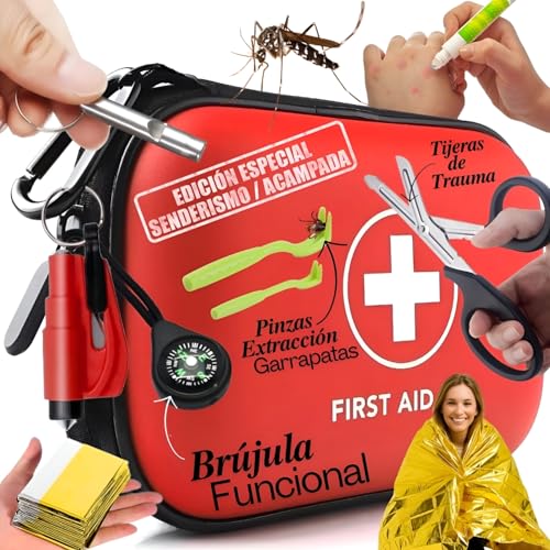 Botiquín de primeros auxilios compacto e impermeable para senderismo y camping, con manta térmica, tijeras de trauma, brújula y martillo rompe cristales