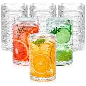 Mfacoy Vintage Hobnail Drinking Glasses Set of 6, 12 oz Highball Glasses, Embossed Glass Cups, Clear Water Tumbler, Glassware for Beer, Juice, Cocktail, Whiskey, Milk