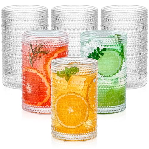 Mfacoy Vintage Hobnail Drinking Glasses Set of 6, 12 oz Highball Glasses, Embossed Glass Cups, Clear Water Tumbler, Glassware for Beer, Juice, Cocktail, Whiskey, Milk
