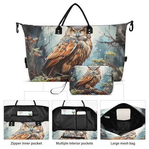 Large Travel Duffel Bag, Paint Owl Sports Tote Gym Bag, Shoulder Weekender Overnight Bag for Women Men, Carry On Luggage with Toiletry Bags2