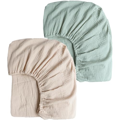 Image of Konssy Muslin Crib Sheets for Girl Boy, 2 PCS Soft and Breathable Cotton Baby Sheets for Standard Crib Mattress, 52"x 28" (Green, Cream)
