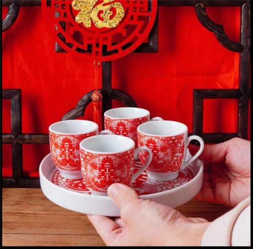 Image of Chinese Tea Gift Set Service Porcelain Tea Pot 4 Cups tray for Adults Men Women Tea Ceremony Wedding Party Home Decor (Double Happiness S)