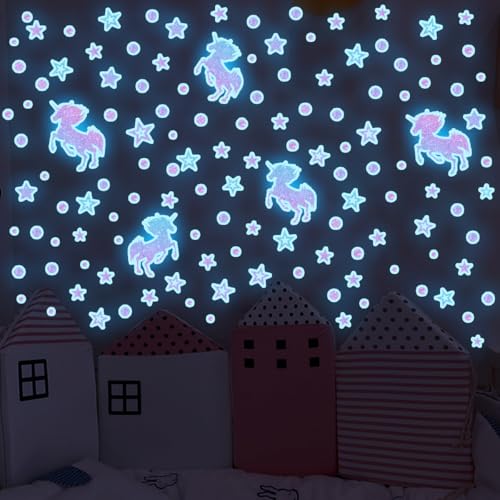 Glow in The Dark Unicorns Wall Decals Unicorns Stars Wall Stickers Blue Luminous Glow Stars Moon Ceiling Stickers Decor for Baby Girls Boys Bedroom Ceiling Nursery Room Decor
