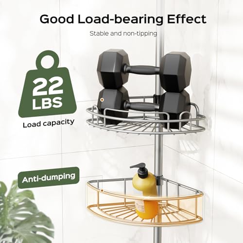 Image of HAMITOR Corner Shower Caddy Tension Pole 4 Tier Rustproof Shampoo Organizer | 47.7-123.6In Adjustable Shelves For Renters, No Drill Quick Install, Space Saving Family Bathroom Storage, Silver Gray Finish