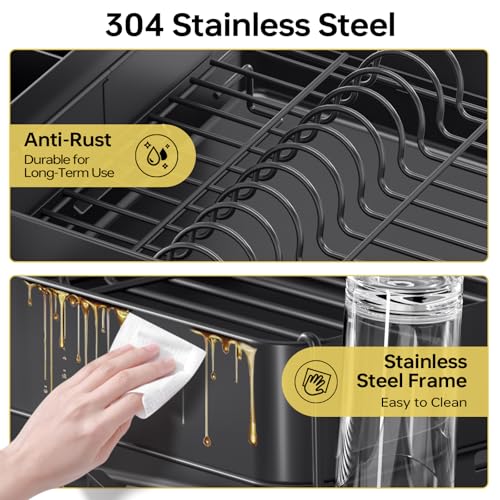 Image of Urackify Dish Drying Rack for Kitchen Counter, 304 Stainless Steel Dish Rack, Expandable Dish Drainer, Foldable Dish Strainer with Cutlery Holder, Kitchen Plate Rack (Black, Large Size)