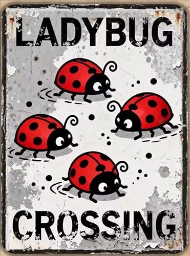 Anceky Metal Tin Sign Ladybug Crossing -Vintage Cute Insect Tin Signs Retro Plaque Wall Decor,Rustic Yard/Garden Sign for Nature Lovers 8x12 Inch