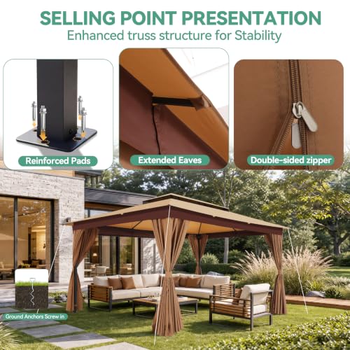 Image of COBIZI 10x15 Outdoor Patio Gazebo with Privacy Curtains, Khaki | Soft Top Gazebo Double Roof, Dual Ceiling Hooks, Privacy Curtains, Heavy-Duty Steel Frame Canopy for Backyard, Deck & Garden
