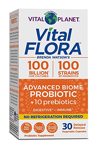 Vital Planet - Vital Flora Advanced Biome Shelf Stable Probiotic with 100 Billion Cultures and 100 Strains, Immune and Digestive Support Probiotics for Women and Men with Prebiotic Fiber, 30 Capsules