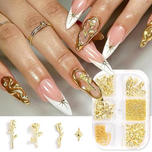 BelleVive - BelleVive Pendentifs 3D en métal rose doré pour nail art - Bijoux pour ongles en alliage - Chaînes à ongles en métal - Perles micro caviar étoilées - Clous d'oreilles