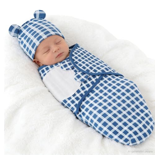 Image of Baby Swaddle Sleep Sack with Hat Set for 0-3 months 3-Pack Soft Cotton Newborn Wearable Swaddle Wrap for Girls Boys (Blue Set)