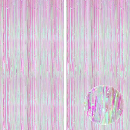 Image of KatchOn, XtraLarge Iridescent Pink Backdrop Curtain - 3.2x8 Ft, Pack of 2| Tinsel Backdrop for Gender Reveal, Bachelorette, Bridal Shower, Birthday Decorations | Mermaid, Unicorn Birthday Decorations