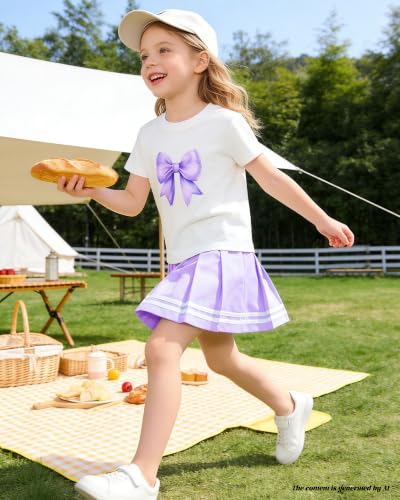 Image of Betusline Girls Skirt Set JK School Uniform 2-Piece Outfit - Short Sleeve & Webbing Solid Skirt,4-14Y