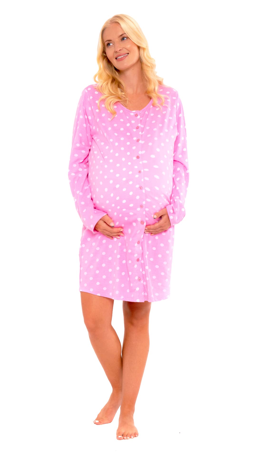 Nikaro Women Nursing Nightie Buttton Down Long Sleeve Polka Dot Maternity Nightdress 100% Cotton (Pink) 8-10