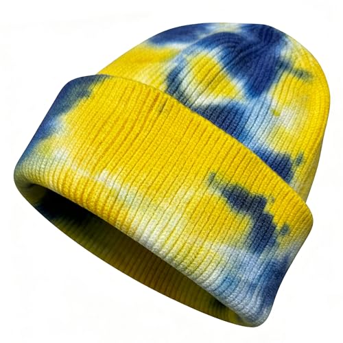 Beanie for Women Men Unisex Tie Dye Cuffed Knit Skull Cap Colorful Gradient Winter Hat Soft Slouchy Warm Less Static Yellow