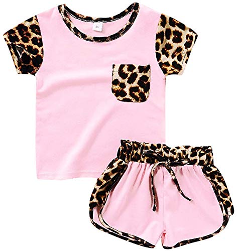 Toddler Infant Baby Girls Summer Outfits Leopard Short Sleeve Pocket T-Shirt Tops Shorts Clothes Sets (Pink, 6-12 Months)