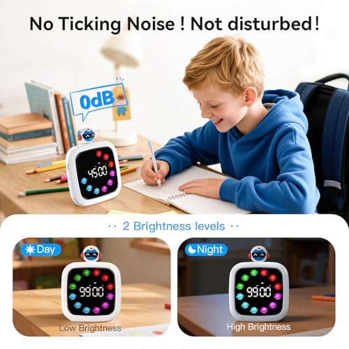 Image of Digital Visual Timer for Kids, 99-Minute Countdown, Rechargeable | 19 Music Alarm, Pause Function, 9 Optional DIY Color Planet Display, Robot Doll, for Study, Homeschool, Kitchen