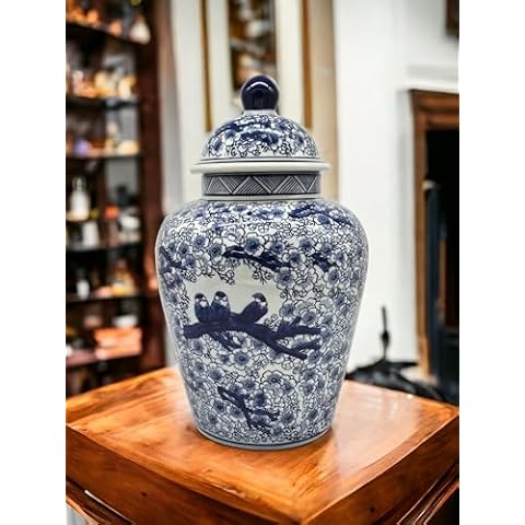 Festcool 12.5 in Blue and White Porcelain Floral Temple Ginger Jar Vase, China Qing Style (Blue Bird), Medium, classic Cover
