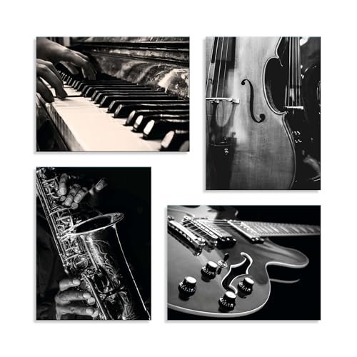 LuxHomeDecor Set 4 Quadri 40x30 cm - Stampa su Tela con telaio in legno - Strumenti Musicali – Pianoforte, Violino, Sax, Chitarra in Bianco e Nero