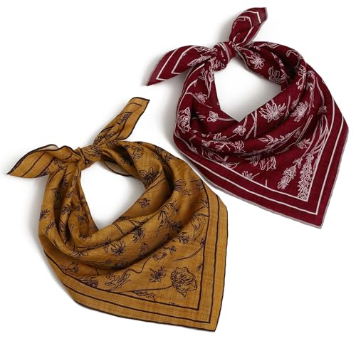 THENEXTLOVE Soft Cotton Viscose Bandana 22x22 for Women and Men Multi-purpose Headband Hair Scarf Handkerchief as Gifts(B5-Burgundy and Yellow)