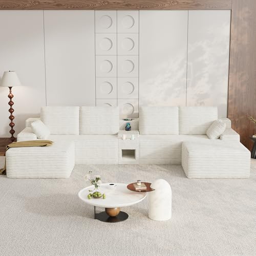 Image of 150 inch Oversized U-Shaped Modular Sectional Sofa | Multi Functional Console,Wireless Charging,6-Seater Upholstered Couch with USB and 2 Cup Holder,Easy Assembly,for Living Room