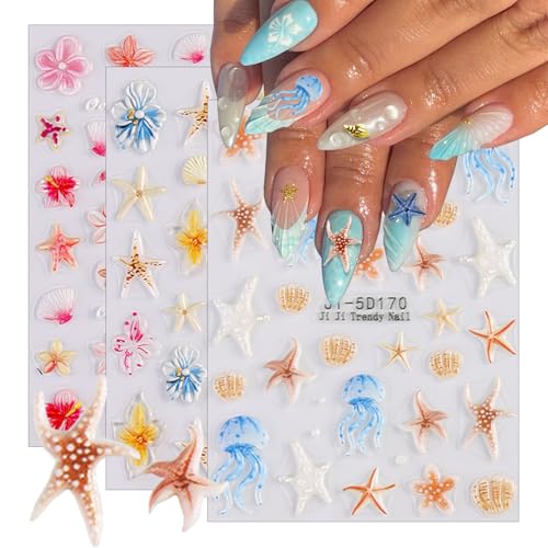3Pcs Summer Nail Stickers for Nail Art, 5D Embossed Nail Decals Shell Starfish Jellyfish Flower...