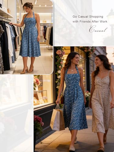 Image of YIOYOLA Women Sleeveless Halter Sleeveless Drop Waist Corset Midi Dress Swing Flowy Beach Sundresses with Pockets
