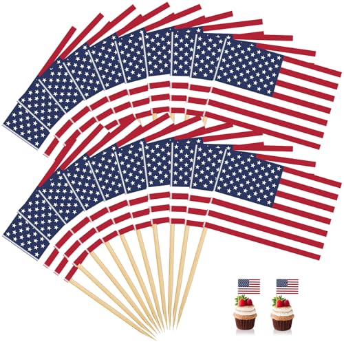 200 Pcs Small American Flag Toothpick Toppers Picks, Mini US Flag Cupcake Flags on Wooden Sticks for Independence Day, National Holidays, Parades, BBQ Parties, Cocktails, and Table Decorations