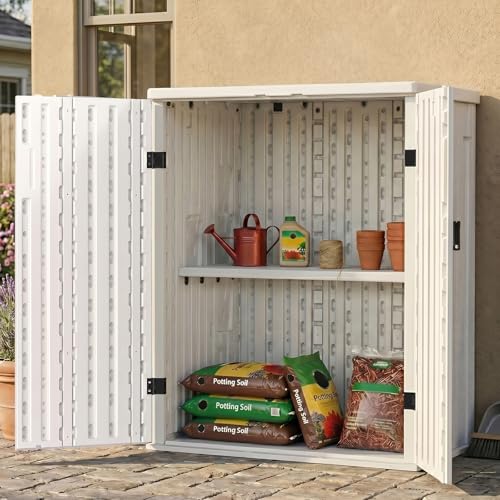 EHHLY Heavy Duty Small Storage Cabinet Outdoor Weatherproof 14 Cuft Garage Storage Cabinet with 2 Adjustable Shelves Lockable Kitchen Pantry Closer Organizer 31Wx23Lx34H Polar White